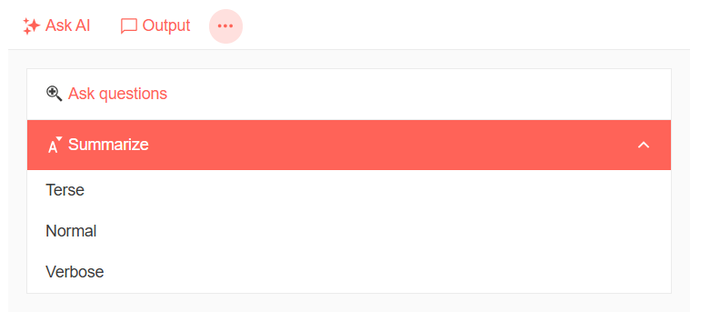 The same command menu as before but, now, the Summarize choice is highlighted in red and three subcommands are displayed below it: Terse, Normal, and Verbose