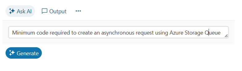 The basic AI Prompt display showing a textbox with a “Generate” button underneath it. Above the textbox are two additional buttons: “Ask AI” (which is currently highlighted) and “Output”