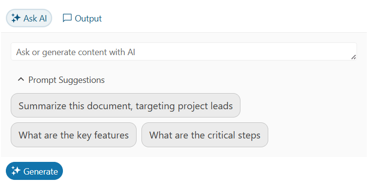 The AIPrompt interface with the three suggested prompts defined in the sample code displayed in lozenge shaped buttons below the prompt textbox (and labeled Prompt Suggestion with an arrow that allows you to hide their display). The Generate button appears below the three suggestions