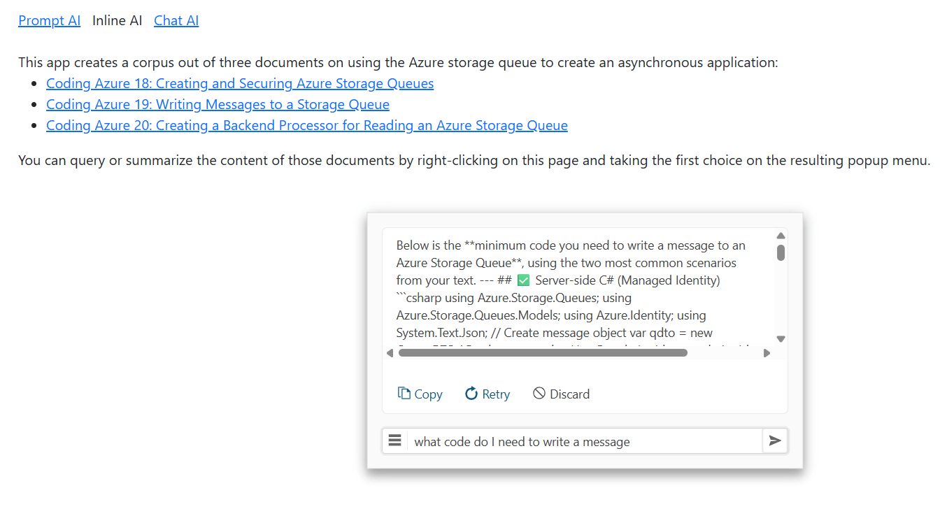 A screenshot of a Web page discussing creating asynchronous applications with Azure Storage queues with a dialog box hovering over it. The dialog box has a textbox at the bottom where the user has typed in a question (“What code is required to write a message?”). Above the textbox, a panel displays the code.
