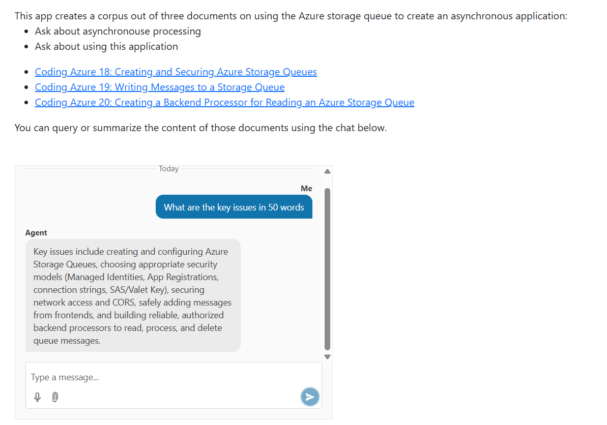 A web page discussing creating asynchronous processes using Azure storage queues, with a chat window at the bottom. There is a conversation in progress in the chat history part of the chat window: The user earlier asked for a summary of key issues in 50 words and an agent responded with a short paragraph.
