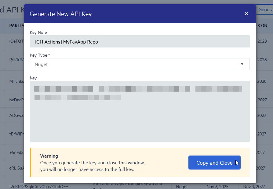 Copy API Key and Close Popup