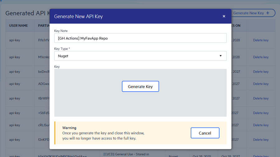 Generate New API Key Popup
