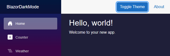 Blazor web Application using light mode A browser with a Blazor web application using a dark mode theme with a light text color and a dark background.