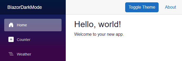 Blazor web Application using light mode A browser with a Blazor web application using a light mode theme with a dark text color and a white background.