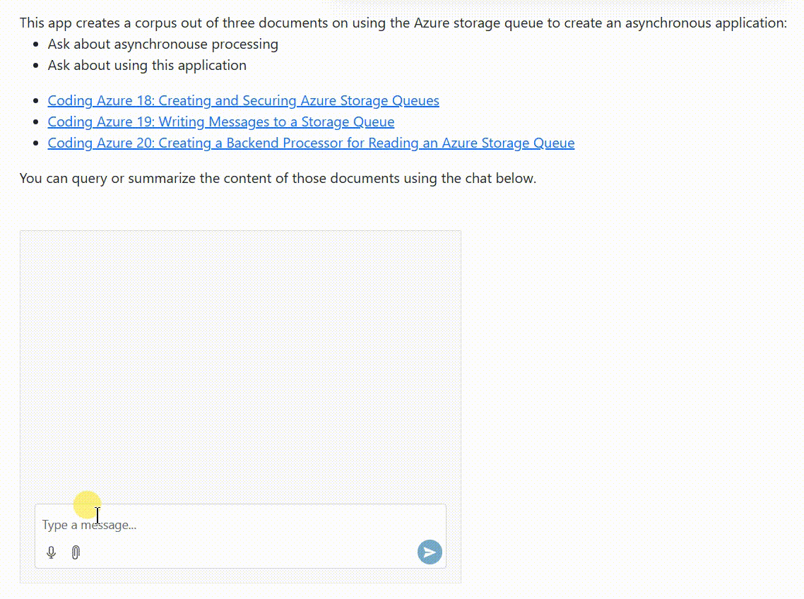 An animated GIF showing a web page with an embedded chat window. The user enters “Summarize in 50 words” in the textbox at the bottom of the chat window and clicks the arrow at the right end of the textbox. The user’s prompt appears in the chat history pane, there is a pause of three or four sections, and then the AI agent’s response appears in the chat history pane, on the opposite side of the pane, in a different color, and labelled “Agent”