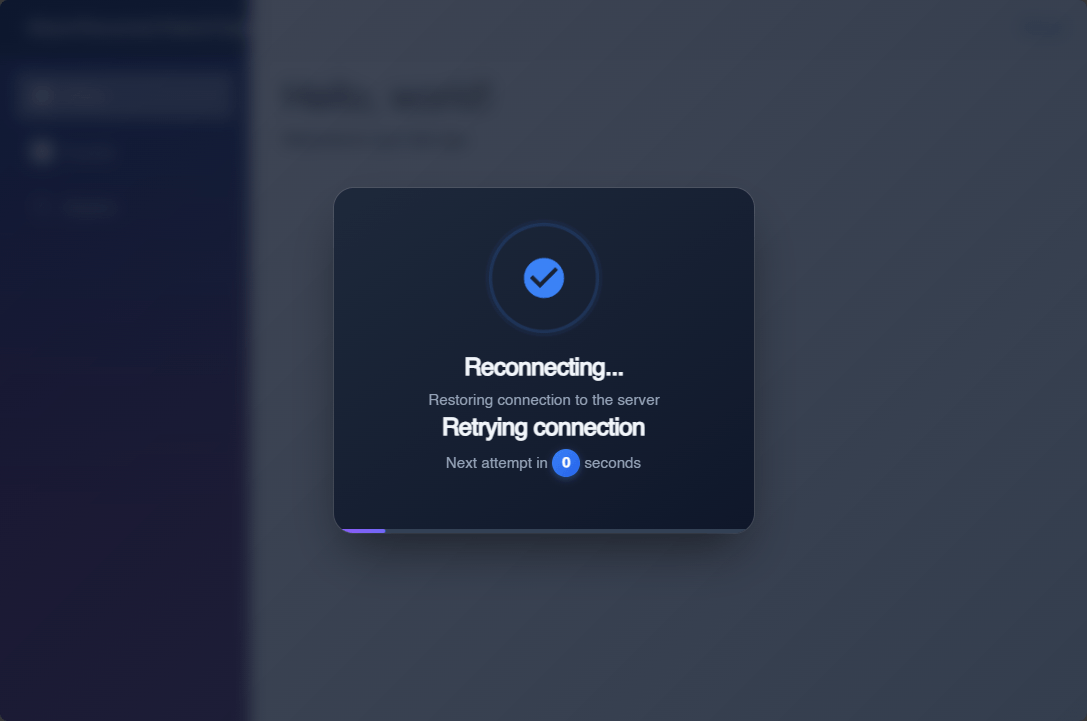 Reconnection dialog showing subsequent reconnection attempts after the initial failure