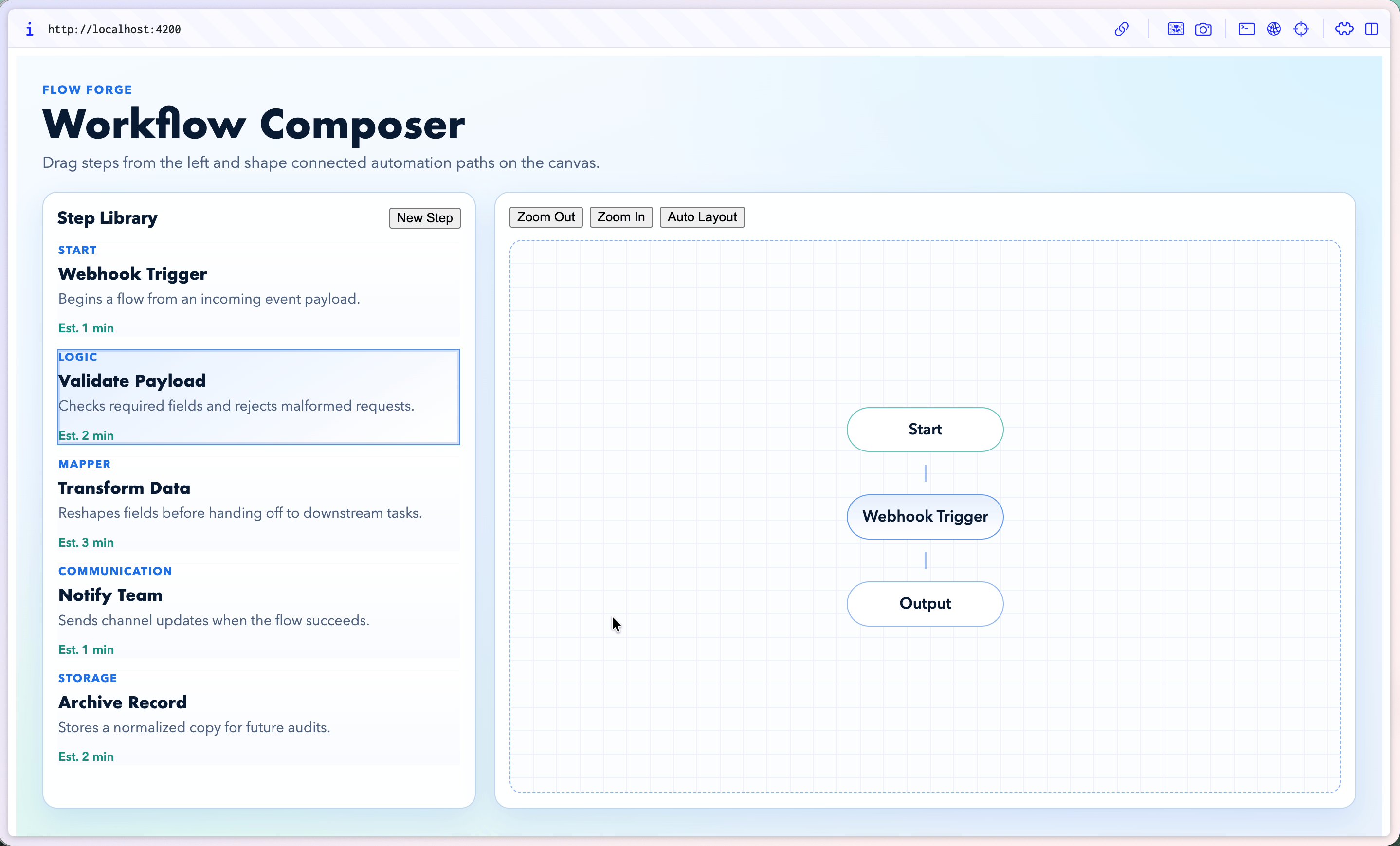 Workflow Composer shows steps for start, webhook trigger, output