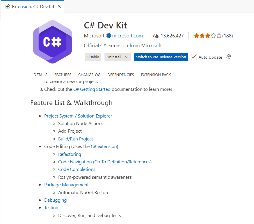 C# Dev Kit Visual Studio Code extension The marketplace page of the C# Dev Kit Visual Studio Code extension.