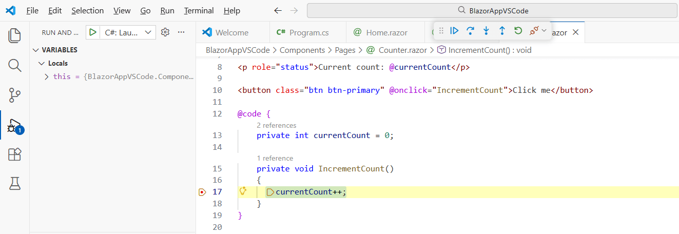 VS Code: Debugging a Blazor Web App The VS Code debugger stopping at a code line and showing the local variables and the toolbar to control the program execution.