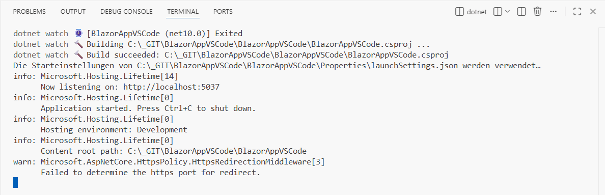 VS Code: Running a Blazor Web App A terminal executing the dotnet watch run command in the folder of a Blazor Web App.