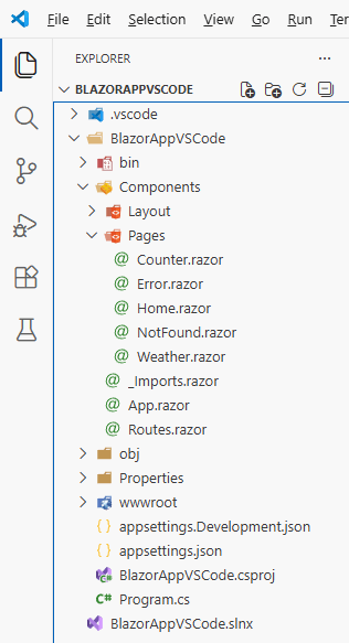 VS Code: Explorer The Explorer panel in VS Code in a Blazor Web App shows the folders, such as the Components folder and all the required code files.