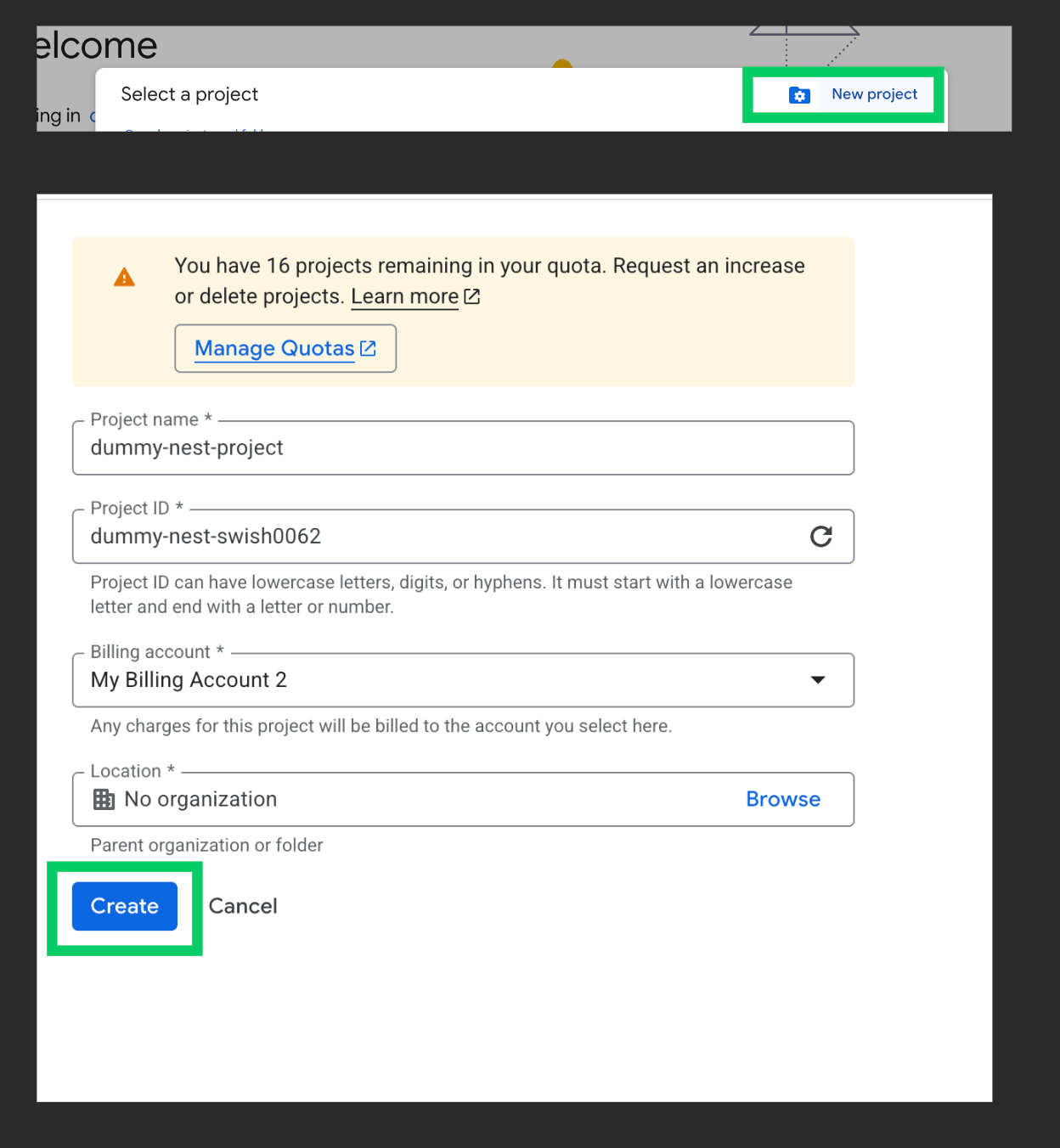 Creating a project on GCP console Creating a project on GCP console