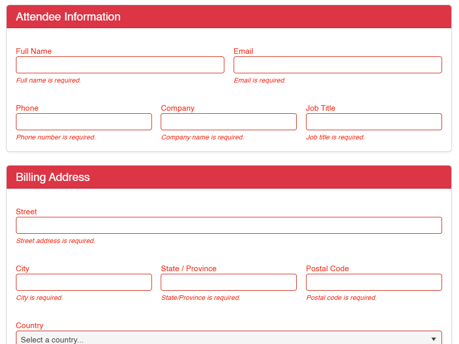 Form displaying an error summary for entire sections