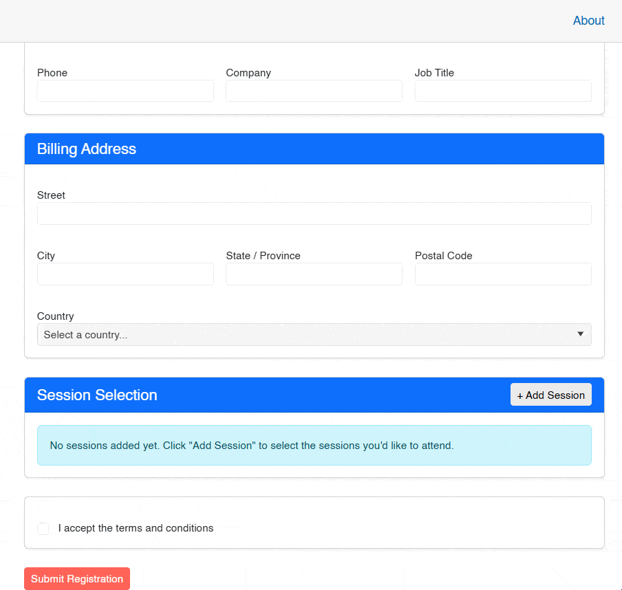 Web form displaying nested object fields with validation