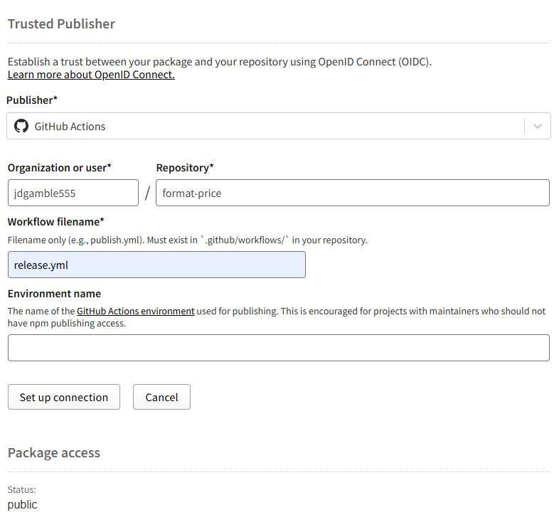 Trusted Publisher page with fields for org or user, repo, workflow filename, environment name - to set up new connection