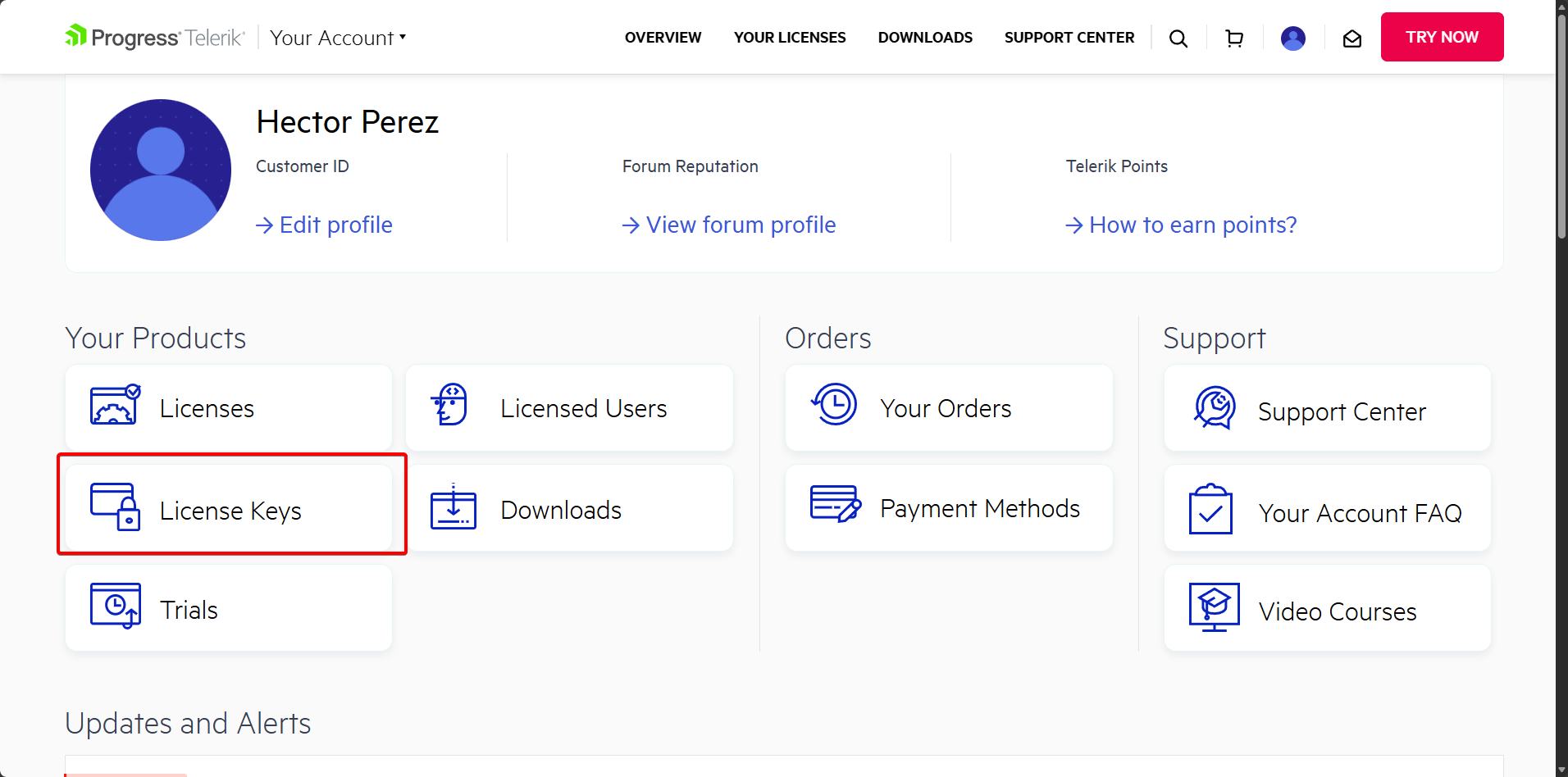 User dashboard showing download area for license keys.