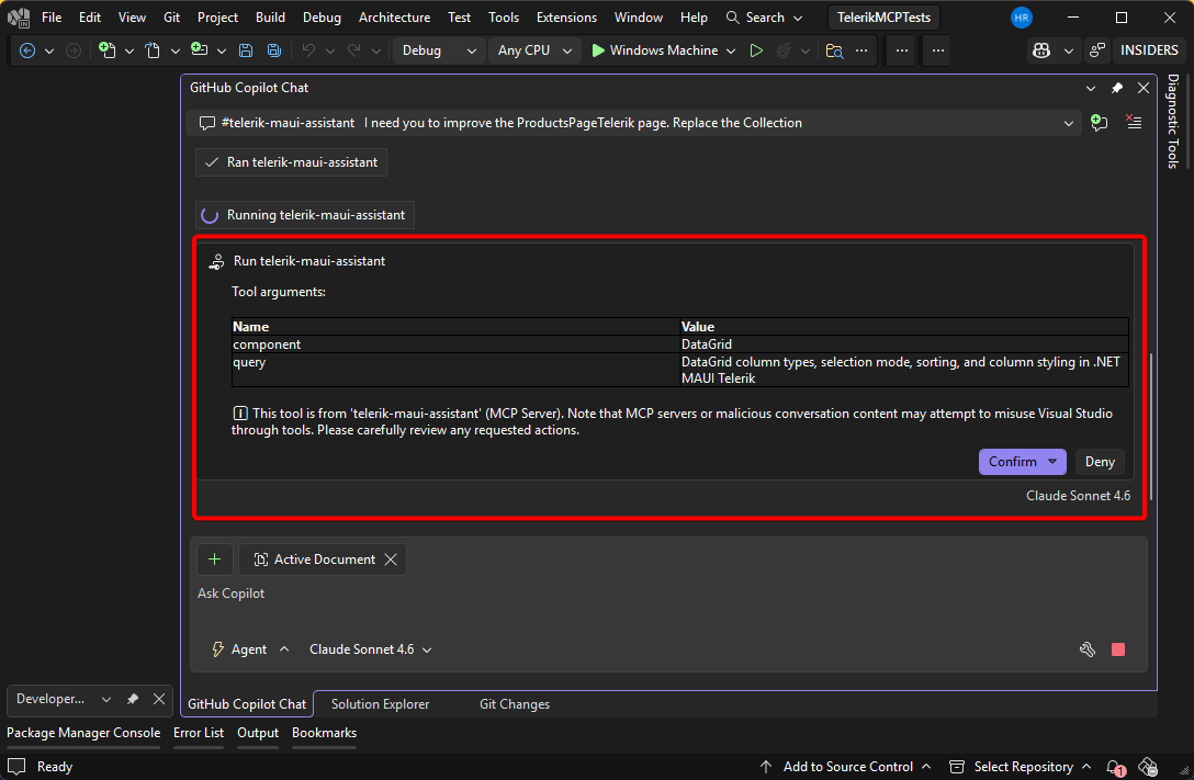 Telerik MCP server permission dialog requesting tool execution