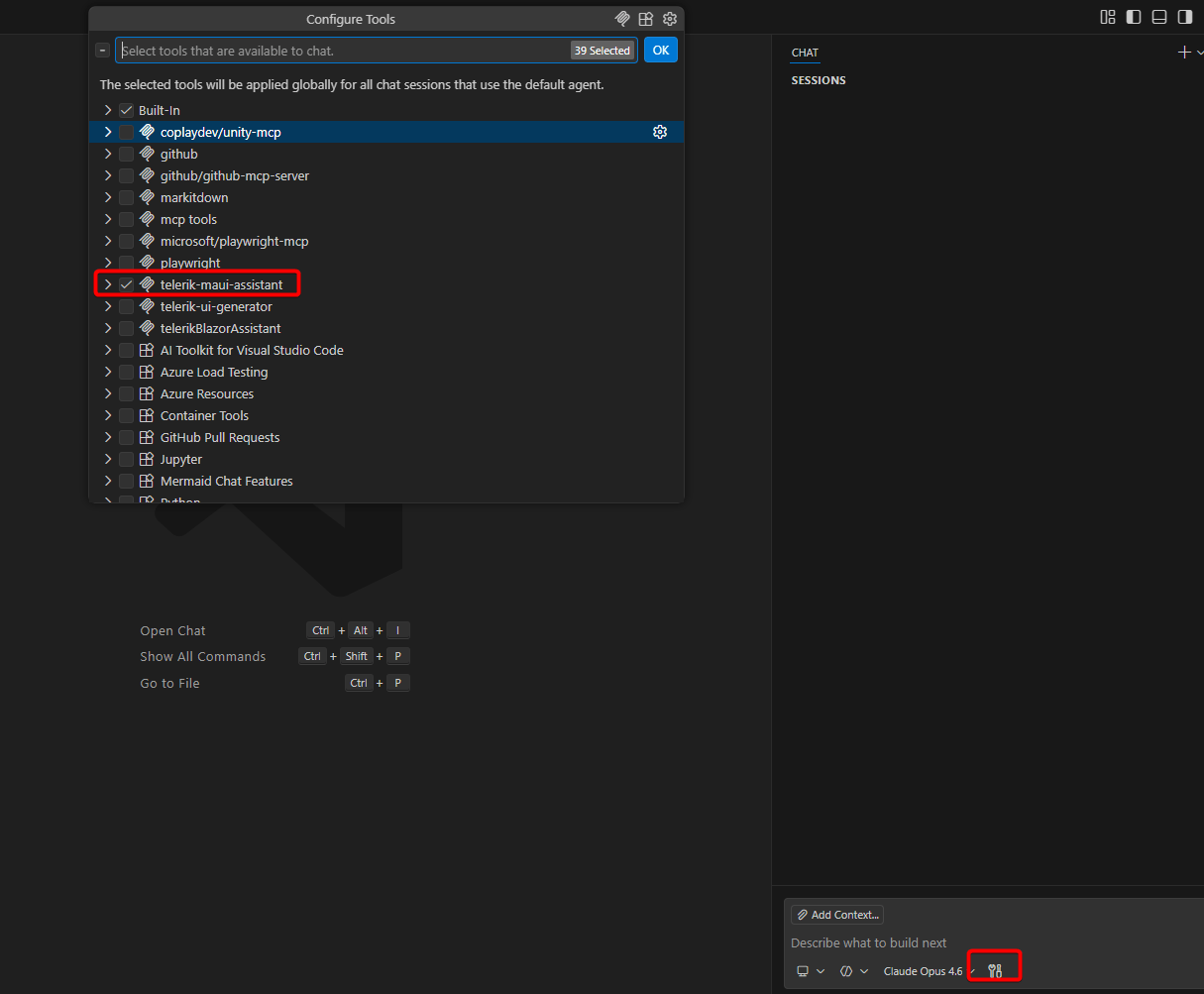 Telerik MCP server running for .NET MAUI in VS Code