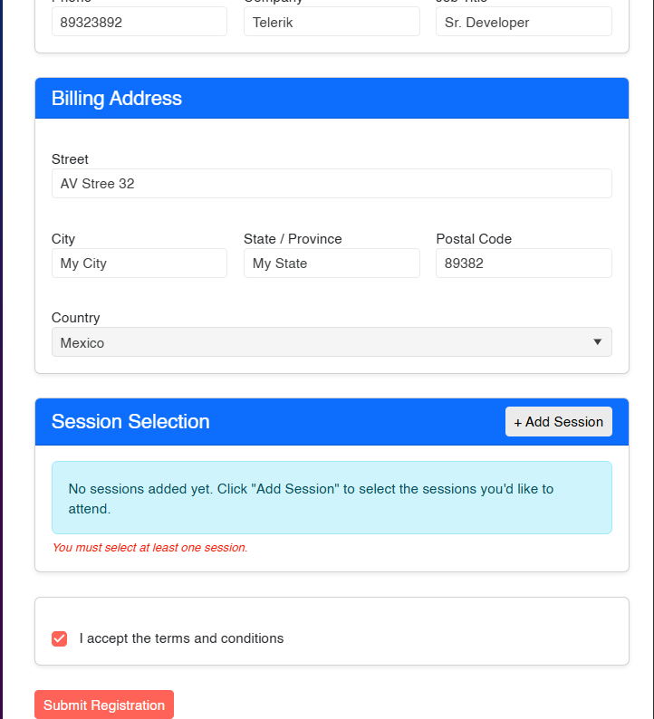 Validation error shown for no session selected