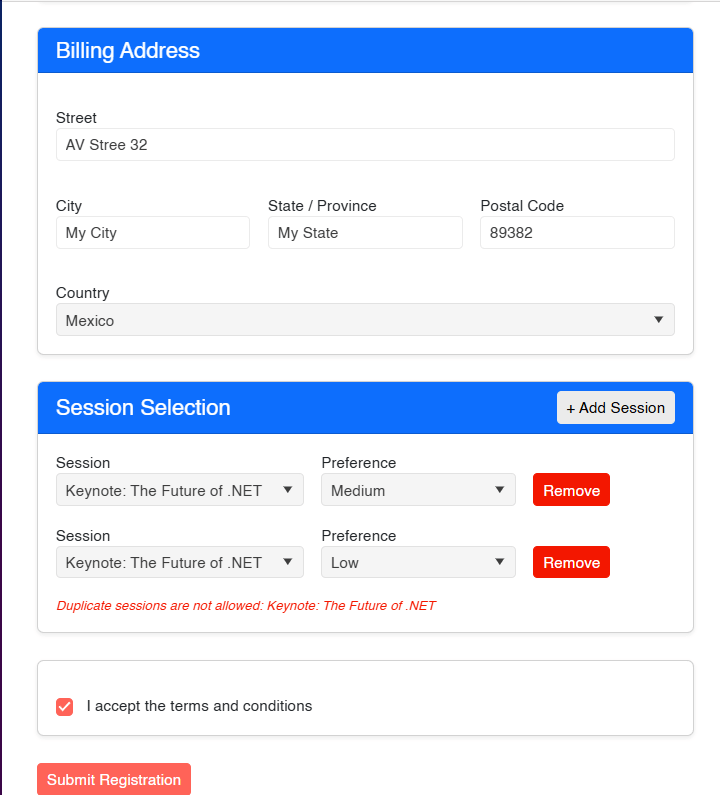 Validation warning indicating duplicate sessions selected