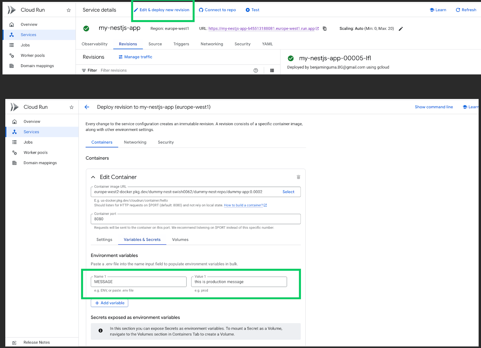 Viewing runtime environment variables for servicee Viewing runtime environment variables for service
