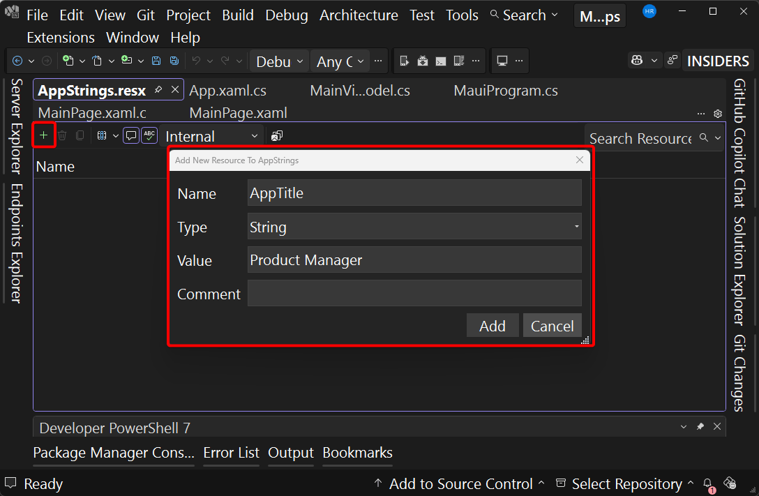 Developer adding a new localization string in editor