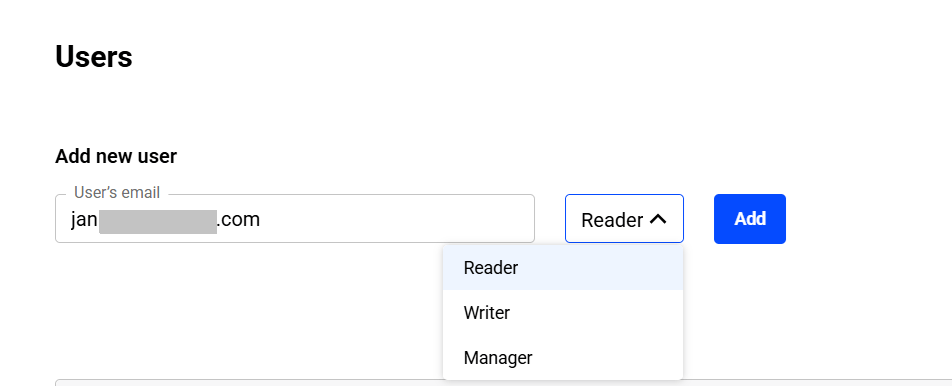 The top part of Users screen for an Agentic RAG agent. The user has entered an email address into the textbox below the label Add new user. A dropdown list to the right of the textbox shows the three roles that can be assigned to a user: Reader, Writer, Manager