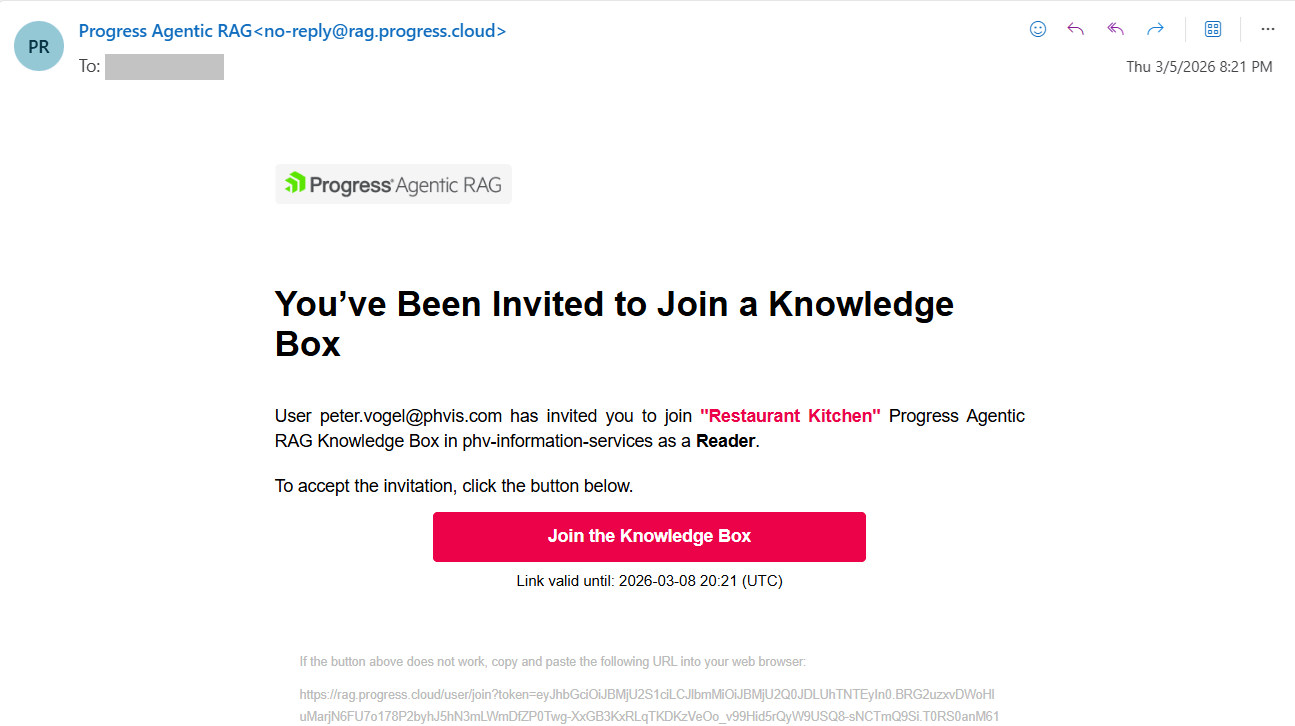 The email that would be received by an invited user. The email begins with a sentence in bold: You’ve been invited to join a knowledge box. Lower down, there’s a large red button with the caption Join the knowledge box.