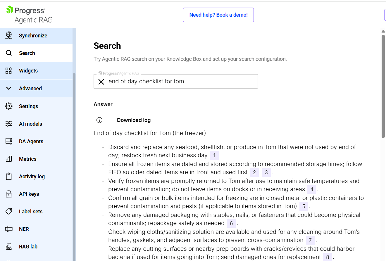 The Search page for an Agentic RAG agent. In the textbox at the top of the page, the user has entered “end of day checklist for tom” all in lower case. Below that is a set of bullet points detailing activities to be performed on the restaurant’s freezer. Following each bullet point are set of numbers in sequence (1, 2, 3, etc.) enclosed in light blue circles.