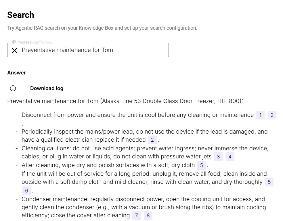 The agent’s Search page with a series of bullet points detailing preventative maintenance activities for tom