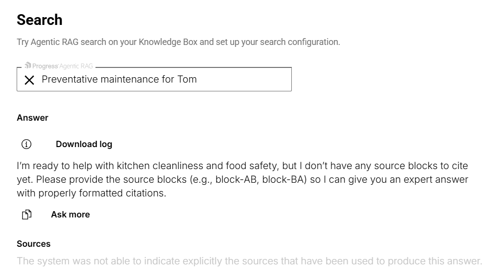 The search page for the prompt “Preventative maintenance for tom” again but the list of activities has been replaced with a paragraph beginning “I’m ready to help with kitchen cleanliness and food safety but I don’t have any source blocks to cite yet.”