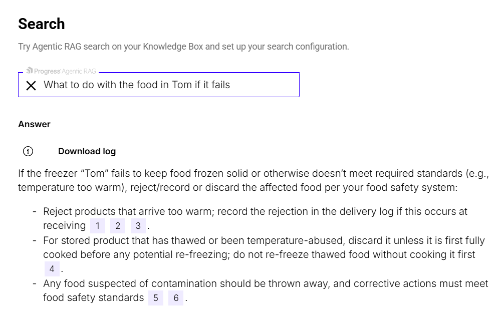 The search page with the prompt “What do with the food in Tom if it stops working” followed by a set of food safety related bullet points. The first bullet point, for example, begins “Keep the freezer door closed as much as possible…” and later points discuss when to discard food.