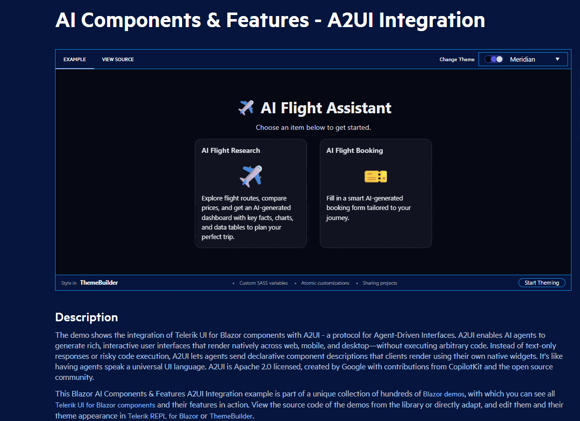 Telerik UI for Blazor A2UI produced a flight assistant dashboard that asks origin, destination, departure and return dates, then shows flight overviews, airport information, travel tips, flight prices in a bar chart, flight price data in table by month