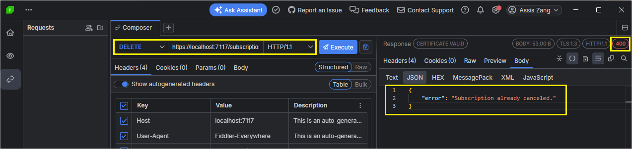 Cancel a subscription error