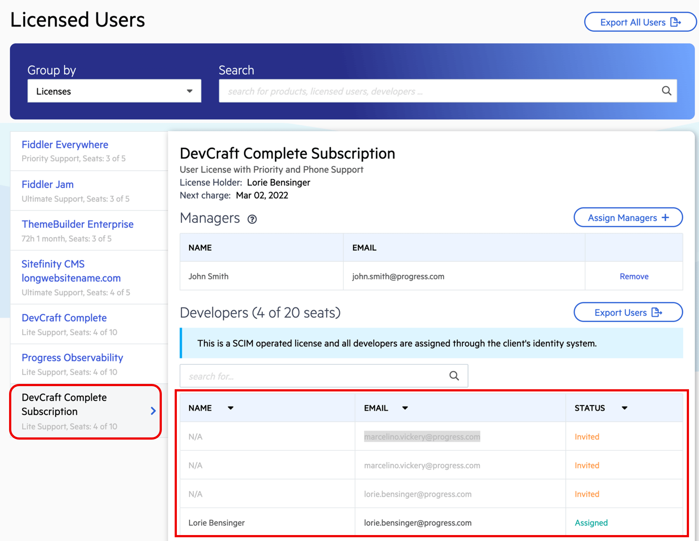 Licensed Users page. DevCraft Complete Subscriptions. List of developers with states invited or assigned.