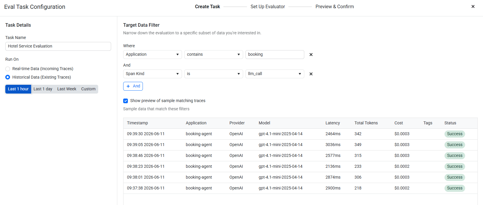 Eval Task Configuration screen showing Target Data Filter with Application