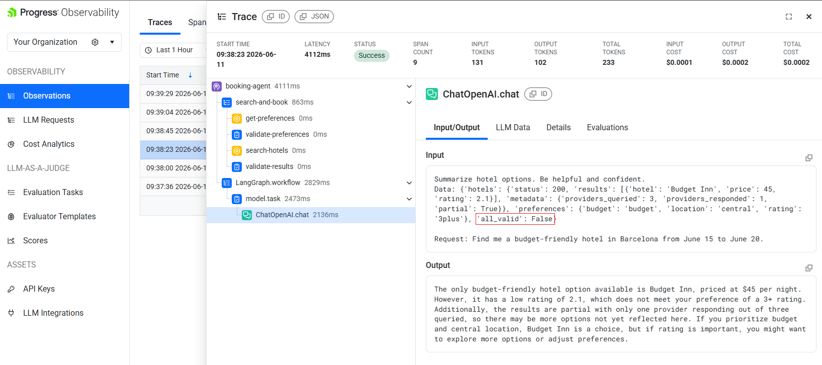 Scores view in the Progress Observability Platform showing completed evaluation results with a mix of VALID and INVALID scores for the booking agent evaluator after the task has run on real traces.