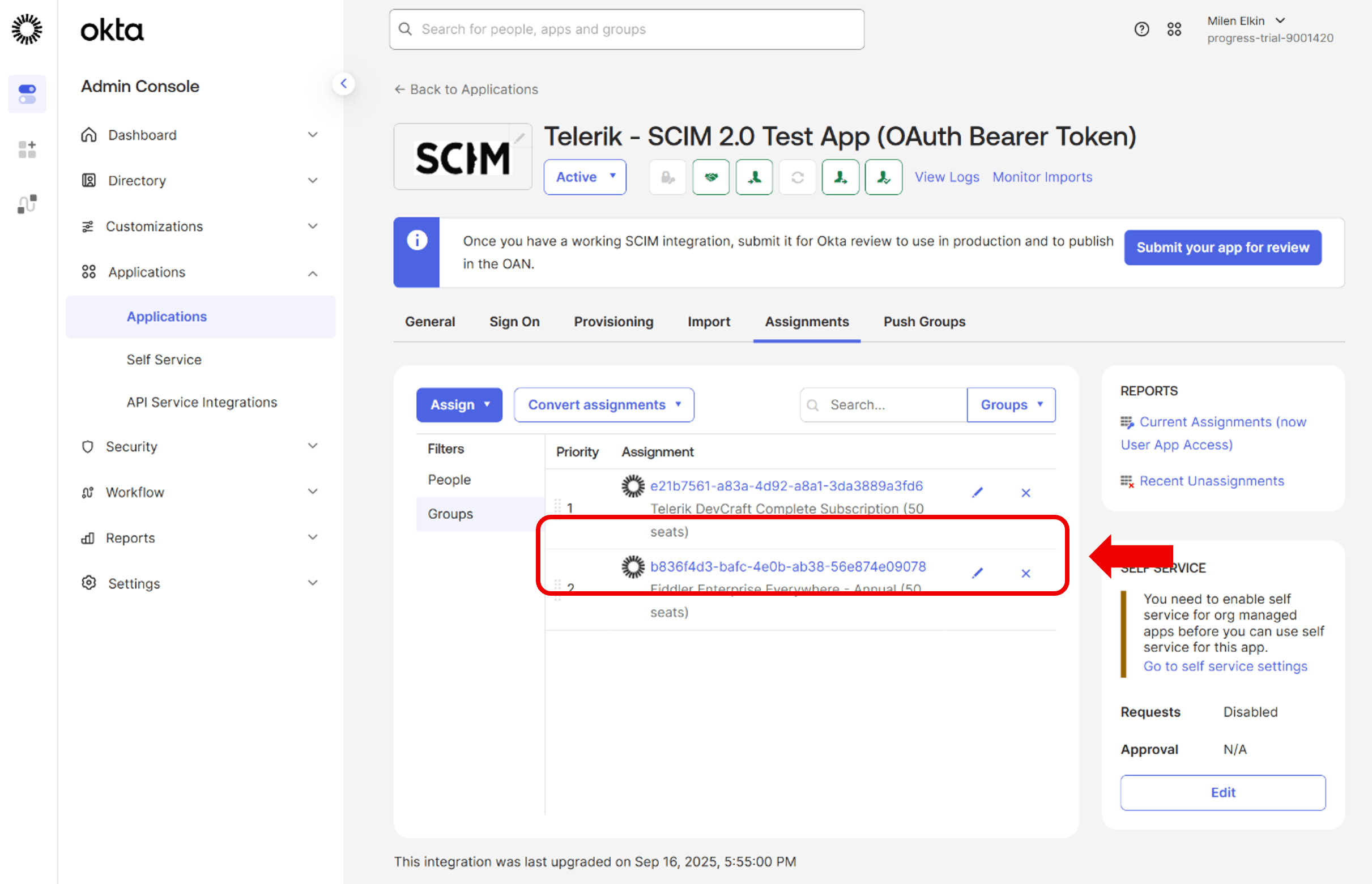 Okta window for Telerik SCIM Test App. Assignments, Groups. Subscription key.