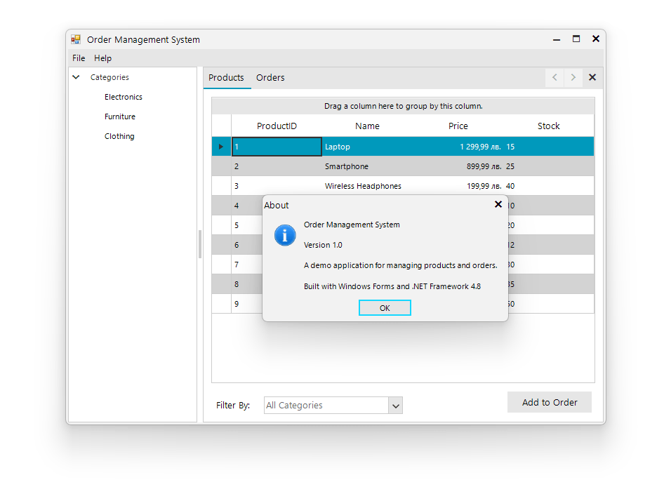 The Order Management System converted from WinForms to Telerik controls