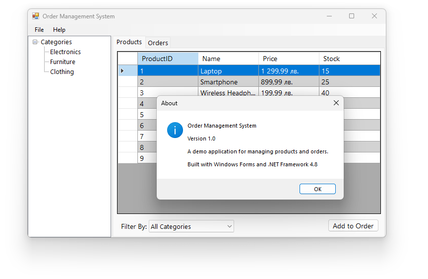 Order Management System. A demo application for managing products and orders. Built with Windows Forms and .NET Framework 4.8