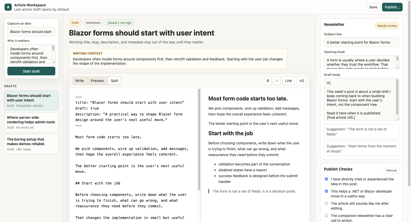 The first prototype is functional but trying to do too much on one screen. The Quick Capture corner and the squeezed newsletter panel were the obvious targets for the next iteration. First Article Workspace prototype with cramped Quick Capture, sidebar nav, editor and a sidelined newsletter panel