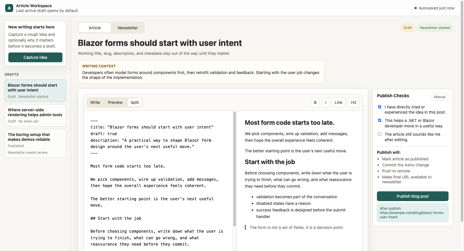 A few iterations later: idea capture moved into a modal, Article and Newsletter share one editor with tabs, and Publish Checks sit alongside. The mockup stage is where the real UX decisions actually got made. Revised Article Workspace prototype with Article and Newsletter tabs sharing the editor pane and Publish Checks on the right