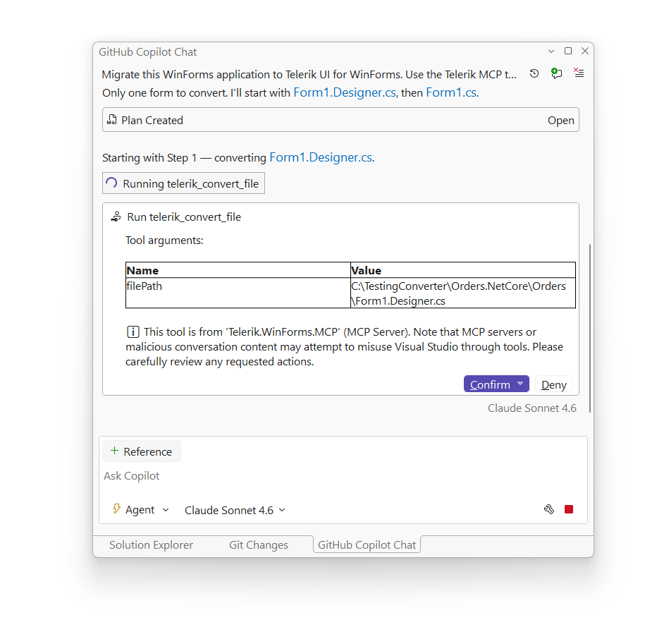 GitHub Copilot Chat window. Migrate this Winforms application to Telerik UI for WinForms. … Run Telerik_convert_file. This is a tool from Telerik.WinForms.MCP