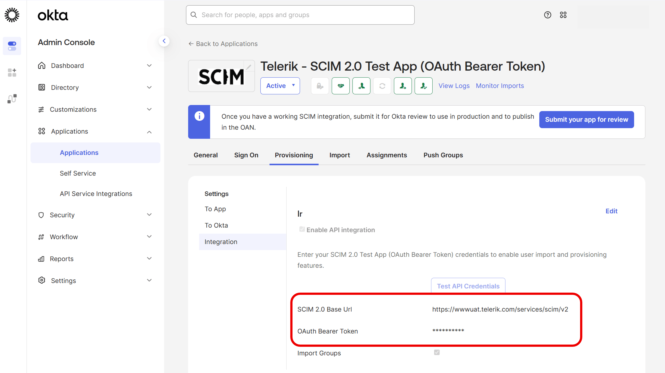 Okta window for Telerik SCIM Test App. Provisioning, Integration tab. SCIM 2.0 Base Url, OAuth Bearer Token