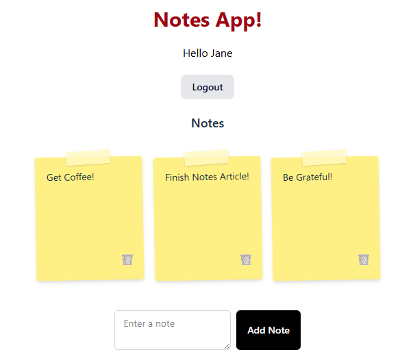 Notes app! Hello Jane. Three notes that look like sticky notes.