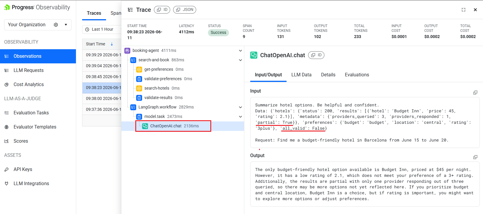 Trace view in the Progress Observability Platform showing the ChatOpenAI.chat span with Input/Output. The Input contains partial hotel data (providers_responded: 1, partial: True) and all_valid: False. The Output shows the LLM confidently recommending Budget Inn despite degraded data.