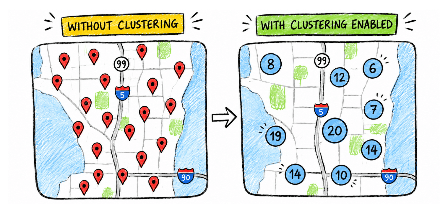 .NET MAUI 11 Map Improvement: Pin Clustering Illustrated maps. Without clustering the pins, they are everywhere. With clustering enabled, blue circles have numbers for how many pins are in that area
