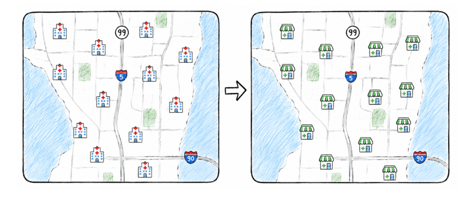.NET MAUI 11 Map Improvement: Custom Location Markers Illustrated maps showing custom location markers for hospitals and pharmacies, instead of the simple pin