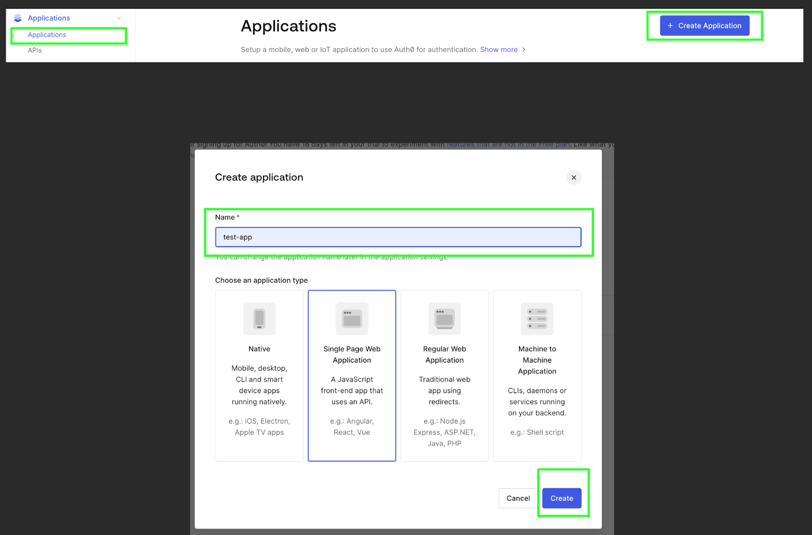 Creating an application on Auth0 dashboard Creating an application on Auth0 dashboard